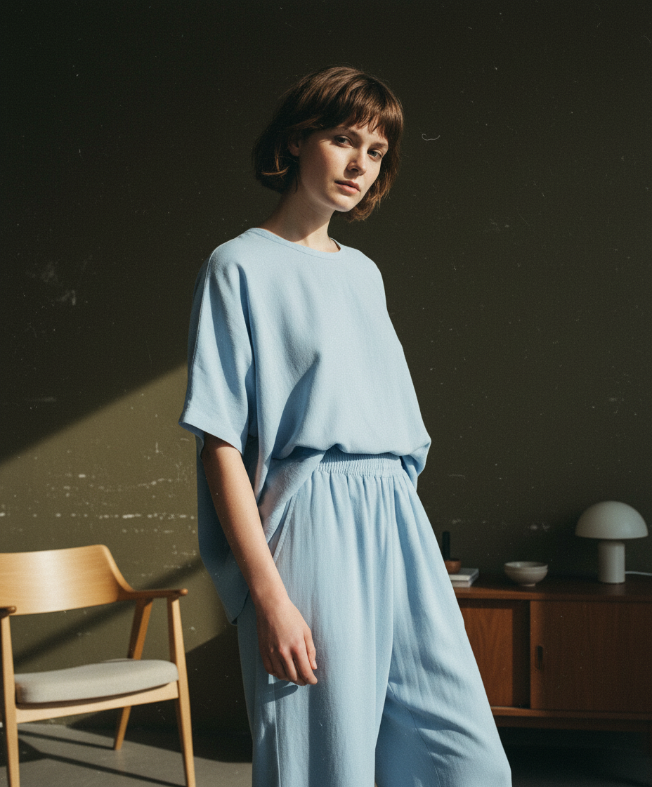 MM6 Maison Margielaのペールブルーのワイドレッグパンツ。リラックスフィットシルエットと滑らかな質感が特徴です。