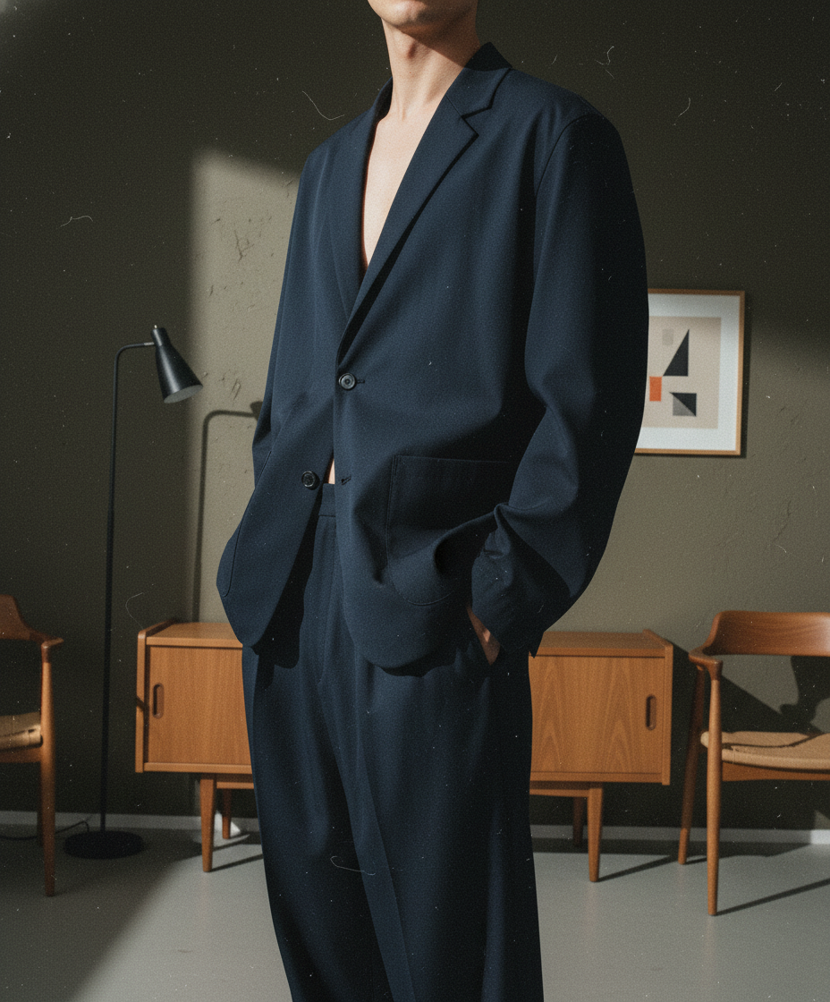 MUJI Laboのネイビーカラー、リラックスフィットセットアップ。ドロップショルダーのジャケットとワイドパンツが特徴。