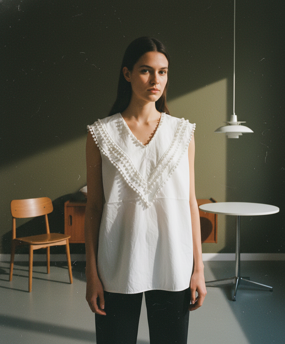 クロエ ポンポントリム ラッフル ノースリーブブラウス ホワイト