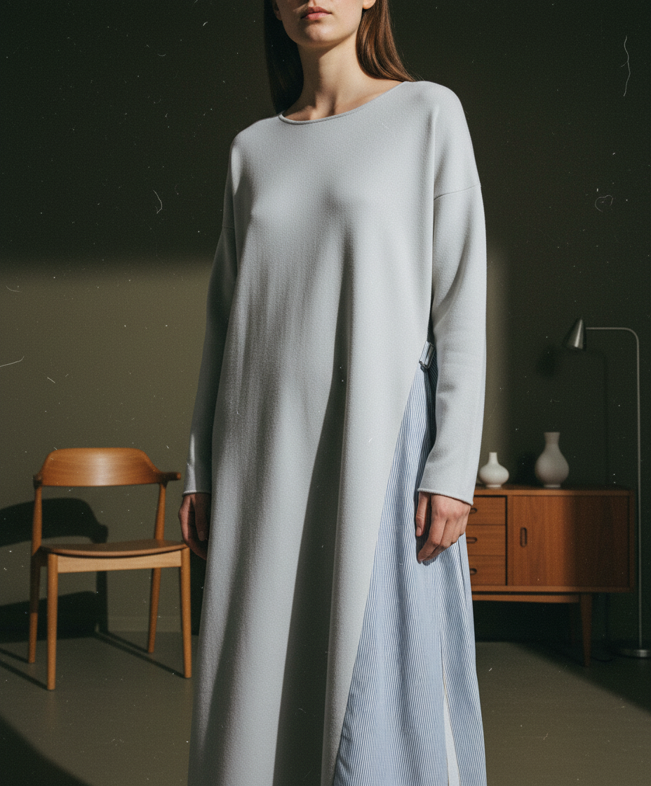 ELENDEEK ライトグレイッシュブルー サイドプリーツ オーバーサイズニットドレス