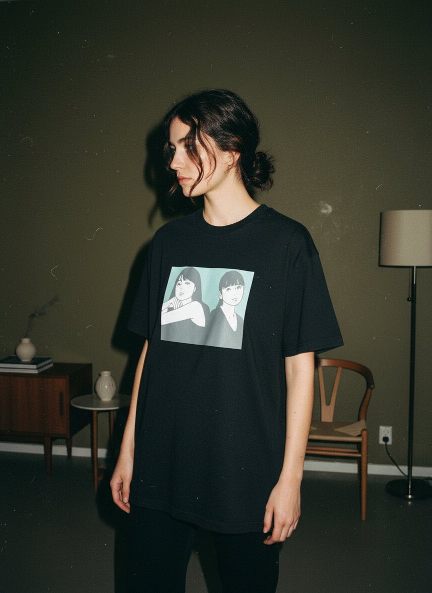 ON AIR 胸元に女性二人のイラストがプリントされたブラックのグラフィックTシャツ Lサイズ