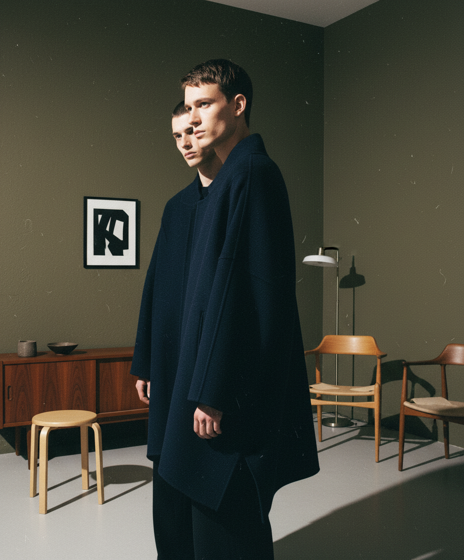 ritoのネイビーブルーのオーバーサイズケープコート。構築的なシルエットとミニマルなデザインが特徴。