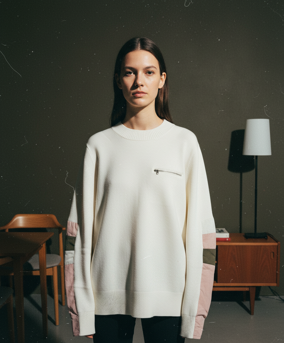 Sacaiのアイボリーを基調とし、左袖にピンクとグリーンのカラーブロックが施されたオーバーサイズスウェット。