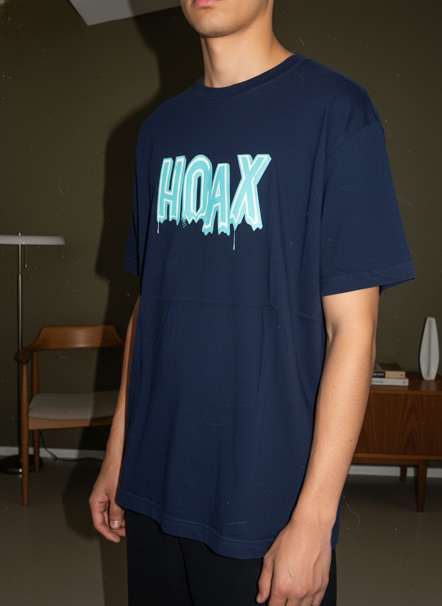 HOAXのディープネイビーTシャツ。胸元にペンキが垂れたようなネオンカラーのドリップロゴが特徴的な90年代ストリート風デザイン。