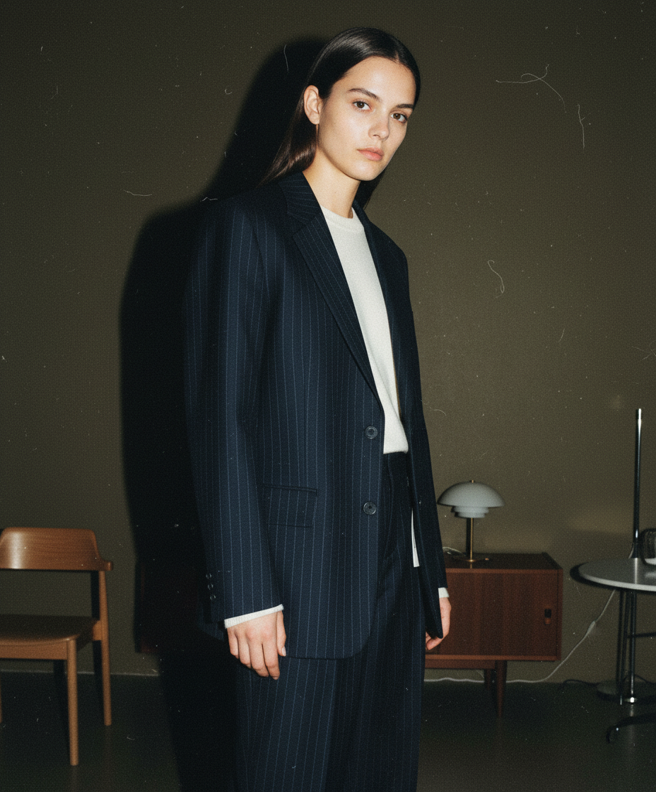 MM6 Maison Margielaのネイビーピンストライプ柄ハイウエストワイドレッグトラウザーズ。サイズ40。