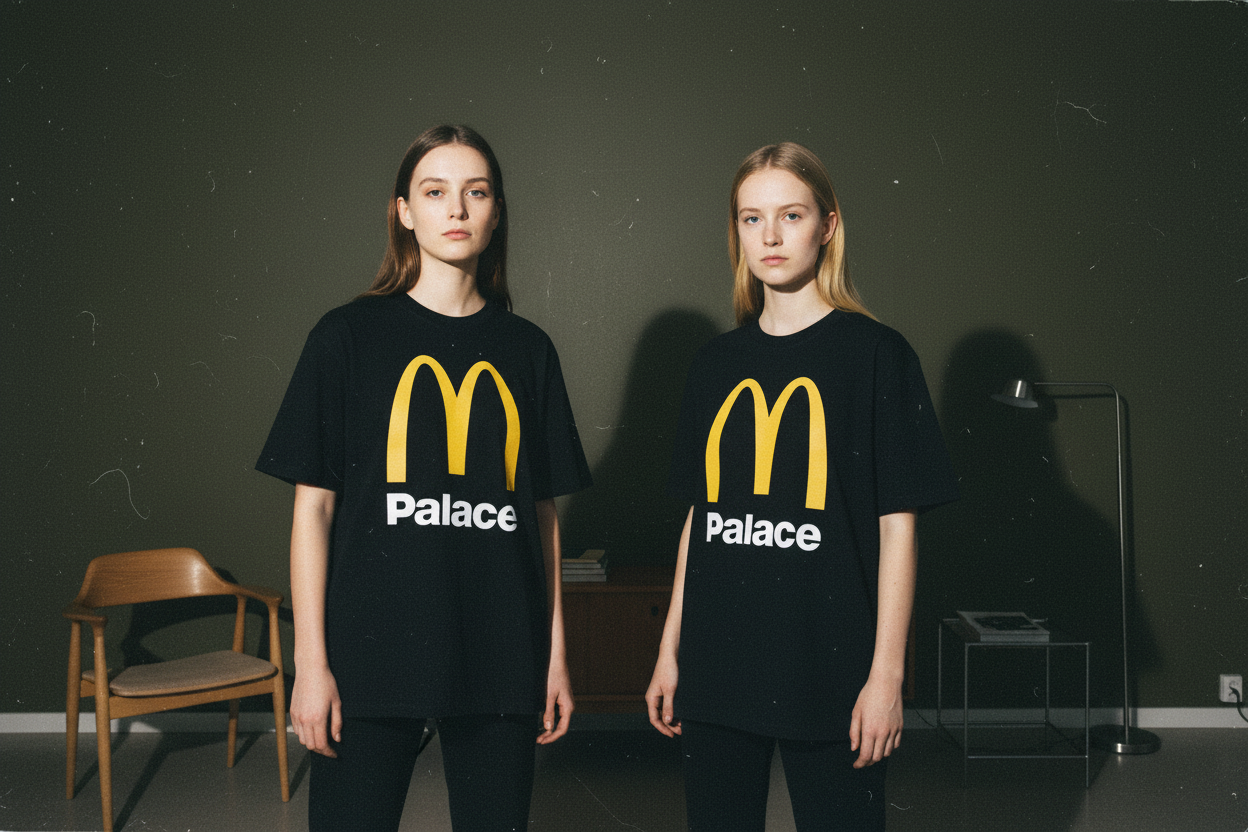 PalaceとMcDonald'sのコラボレーションTシャツ。黒地にゴールデンアーチとPalaceロゴがプリントされたストリートウェア。