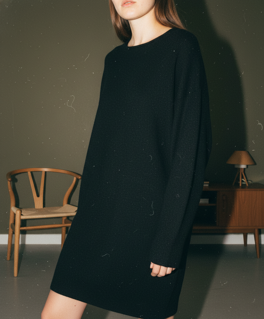 ENFÖLDのオーバーサイズドロップショルダーニットドレス。マットなブラックカラー。サイズ38。
