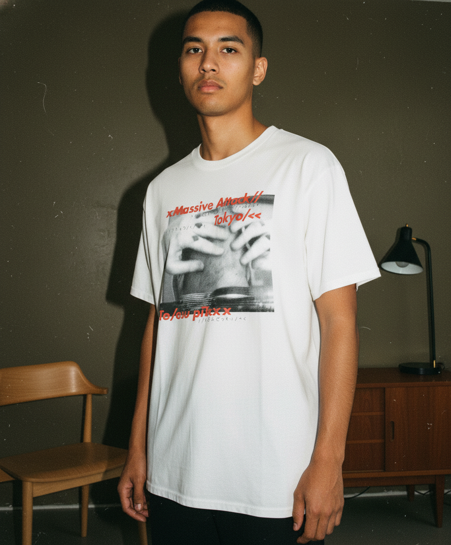 SOPH.とMassive AttackのコラボレーショングラフィックTシャツ。フロントにターンテーブルを操作する手のフォトプリントと赤いグリッチテキストがデザインされています。