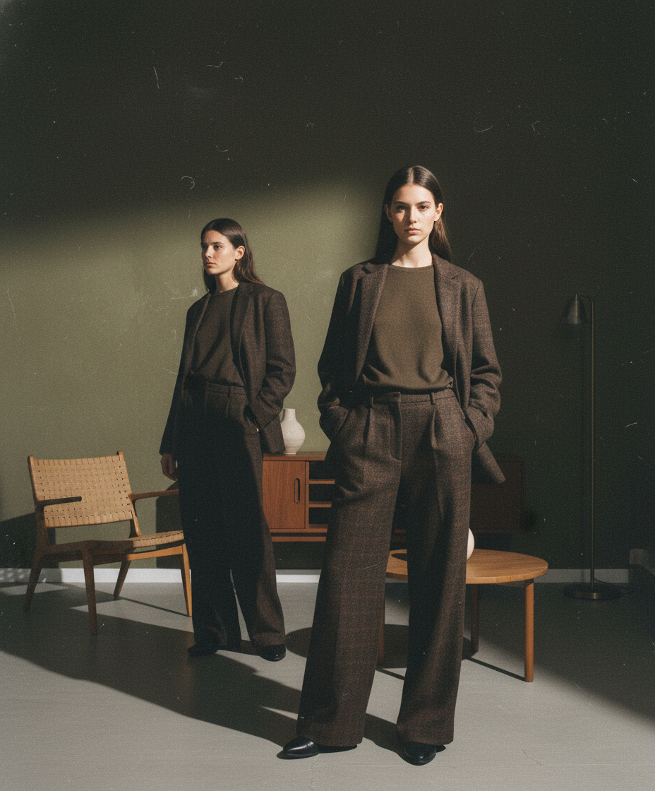 オーラリーのダークブラウン、ツータックワイドレッグトラウザーズ。重厚なウール素材を使用したクラシックかつモダンなシルエット。