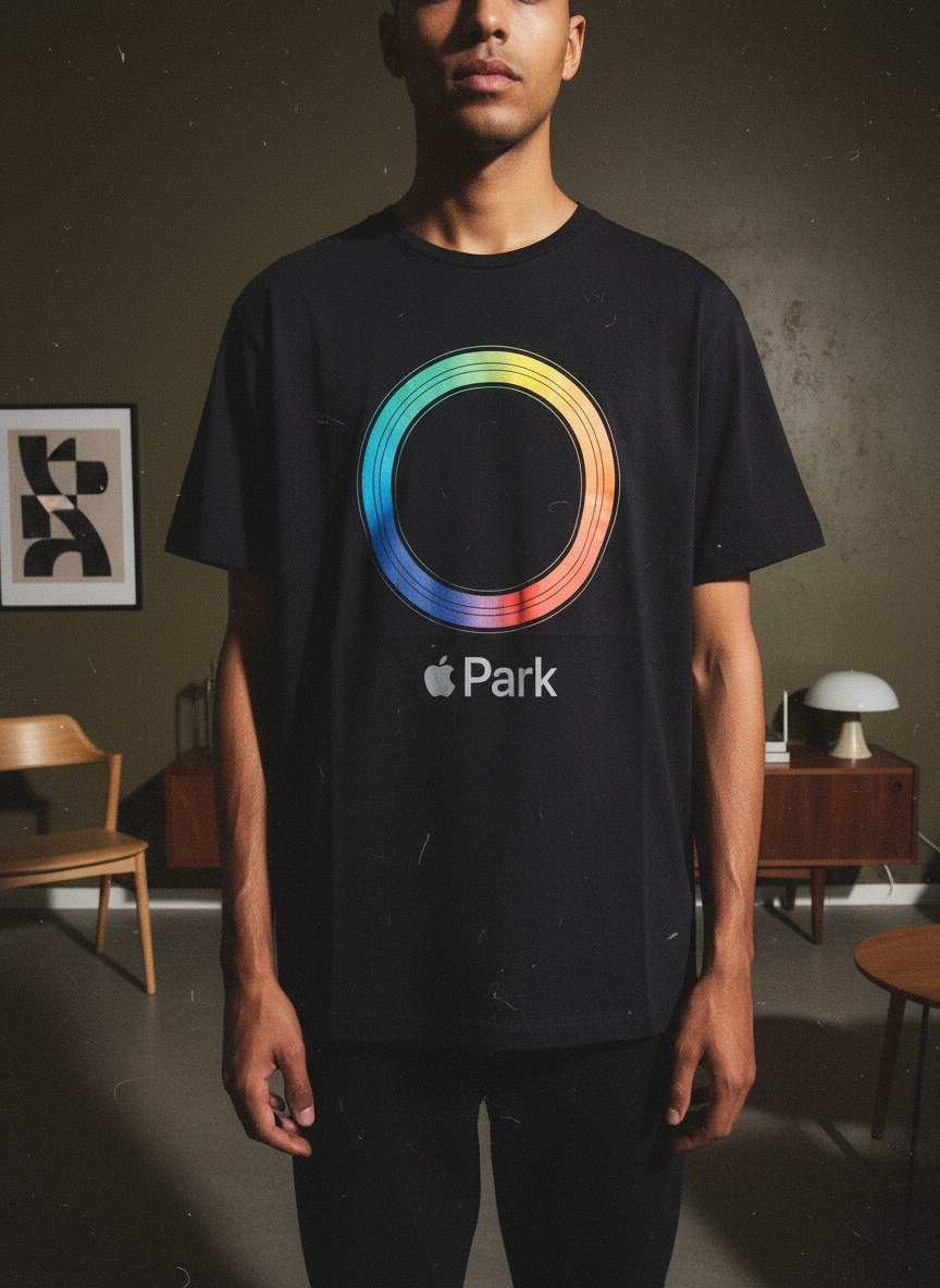 Apple Park限定のレインボーサークルロゴが特徴的なブラックの半袖Tシャツ、サイズL。