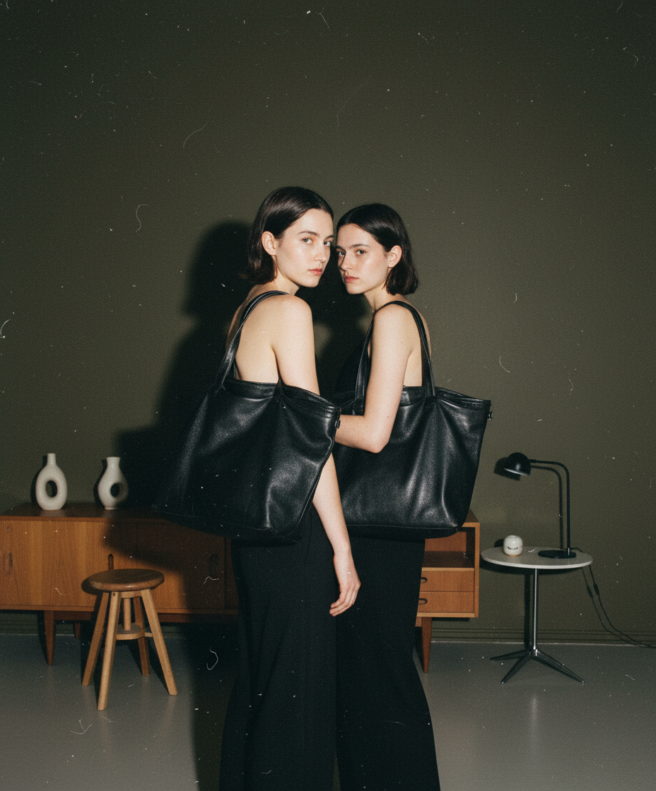 foot the coacherのマットブラックのオーバーサイズトートバッグ。シボ加工が施されたミニマルなデザイン。