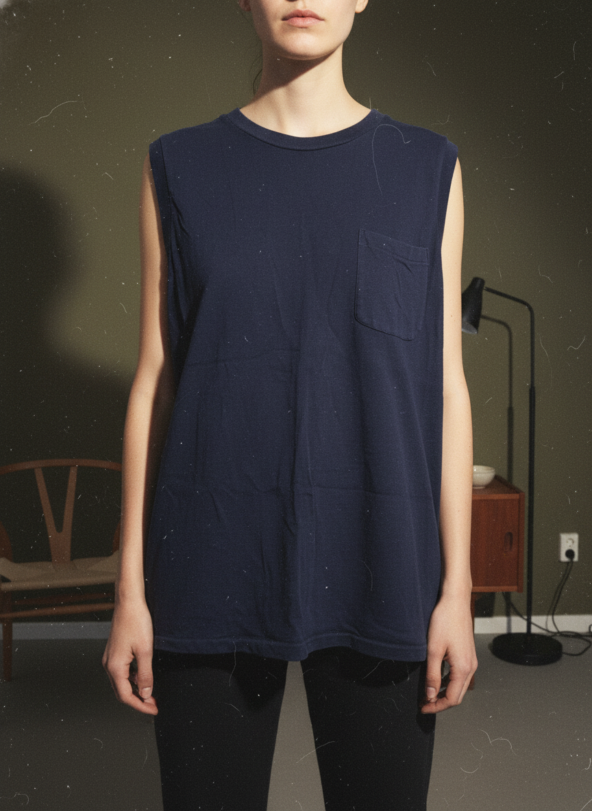 COMOLIのディープネイビーブルー、胸ポケット付きオーバーサイズノースリーブTシャツ。