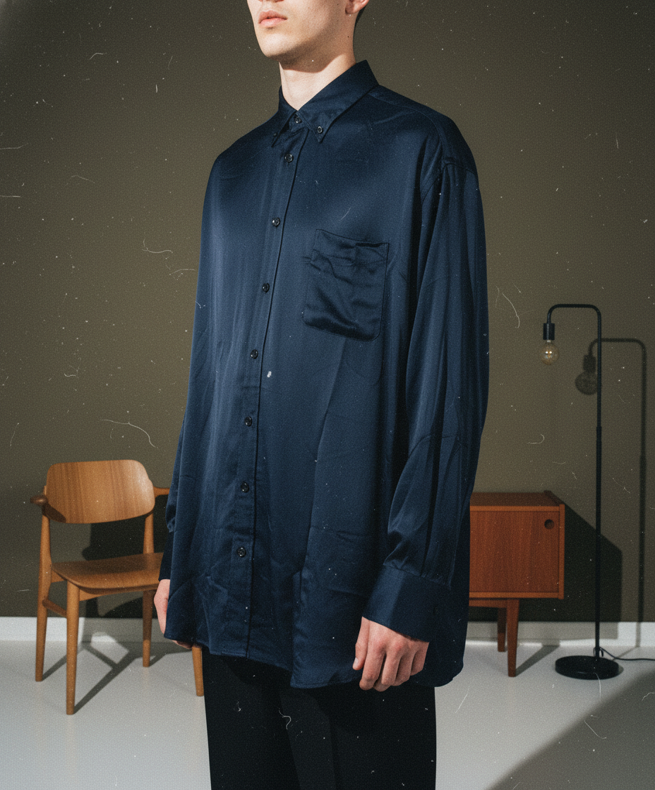 メゾンマルジェラ、ディープネイビーの光沢サテン生地を使用したオーバーサイズドロップショルダーシャツ。サイズL。