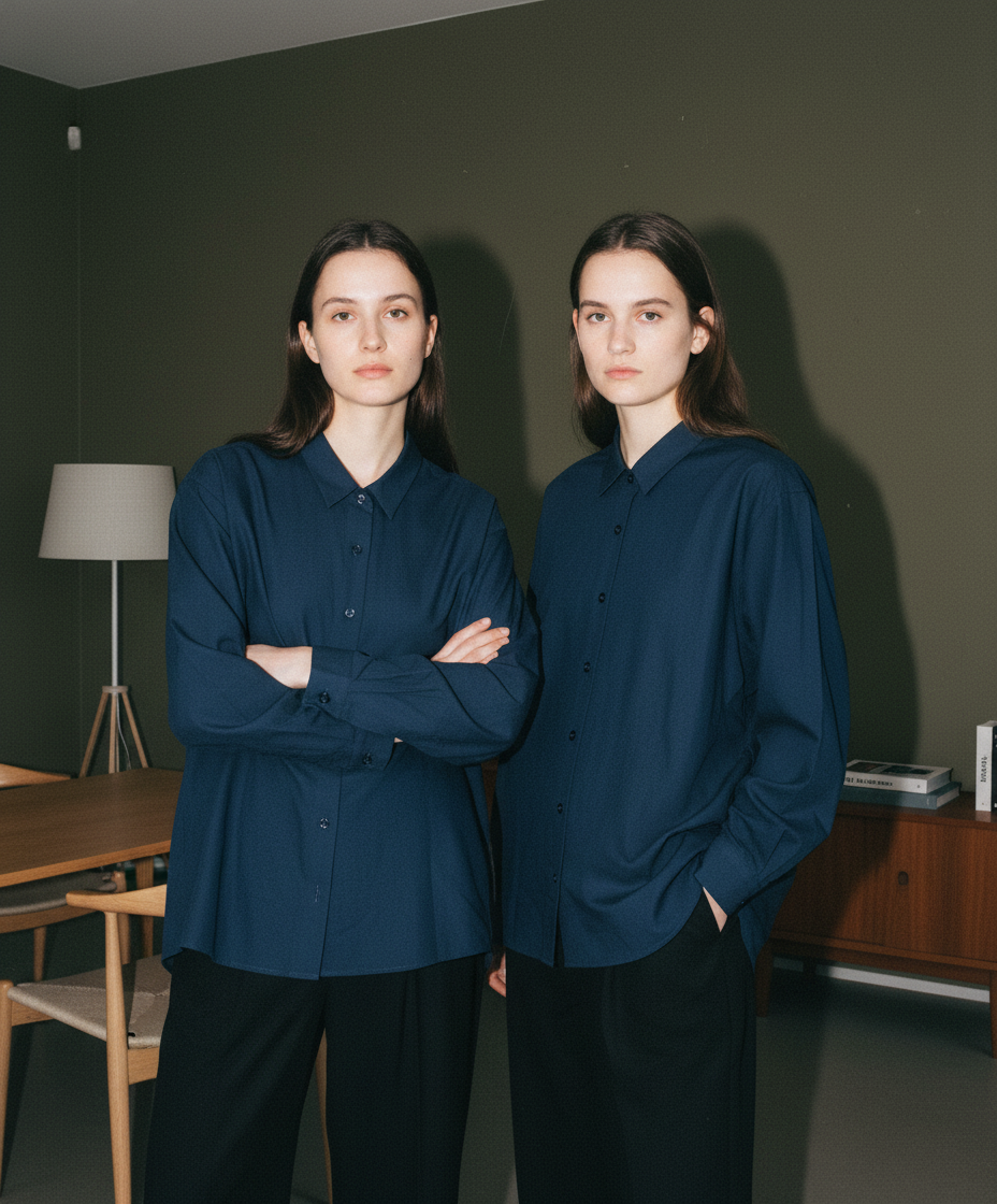 Graphpaperのディープネイビーのオーバーサイズシャツ。ドロップショルダーとボックスシルエットが特徴です。