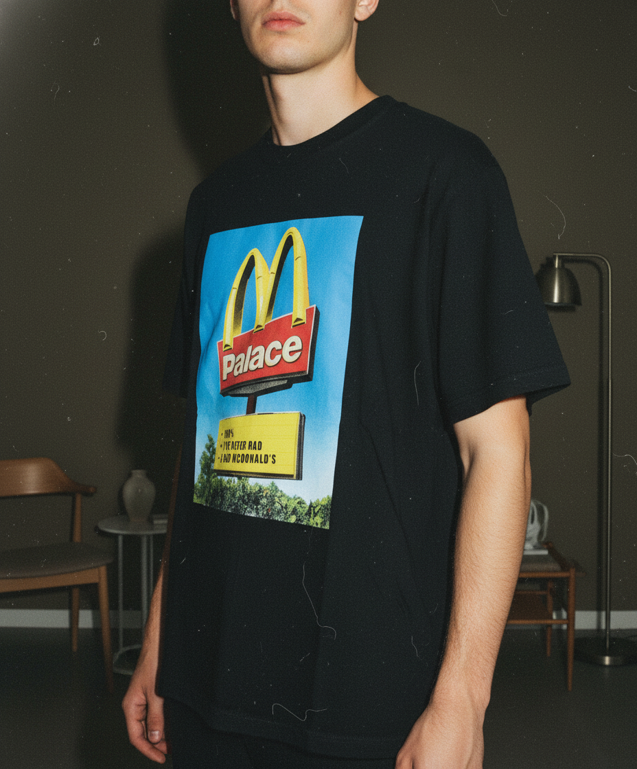 PalaceとマクドナルドのコラボレーションによるブラックのグラフィックTシャツ。胸にゴールデンアーチをモチーフにしたフォトプリント。