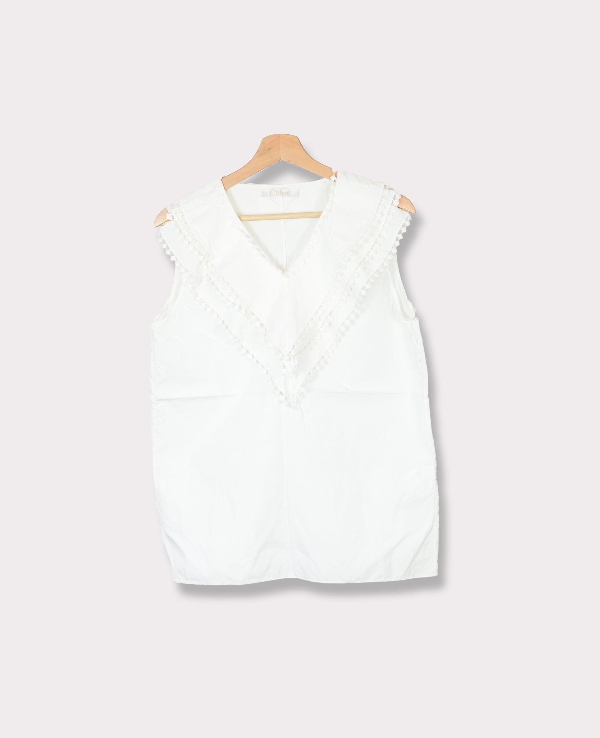 Chloé Pom-Pom Trim Ruffle Sleeveless Blouse 38 White