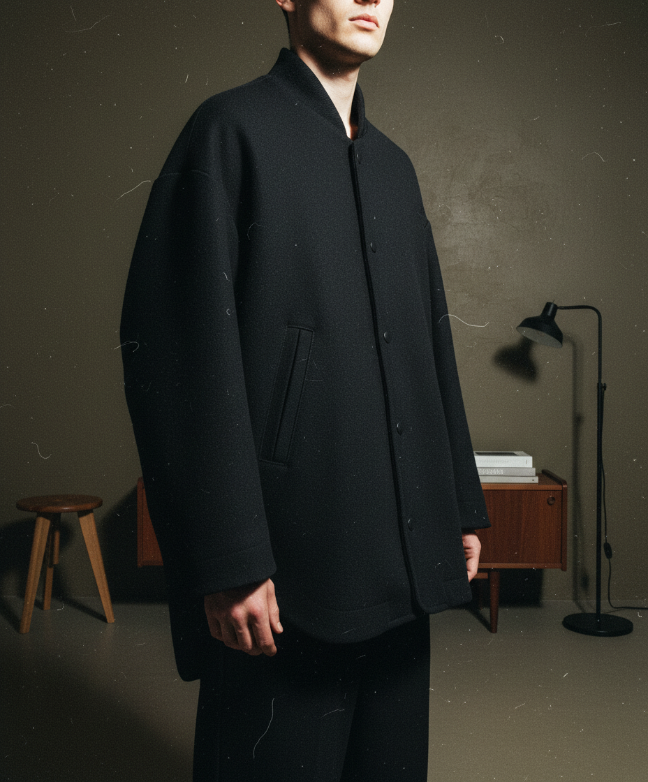 UJOHのオーバーサイズウールベースボールジャケット。ミニマルなデザインとマットブラックカラーが特徴。
