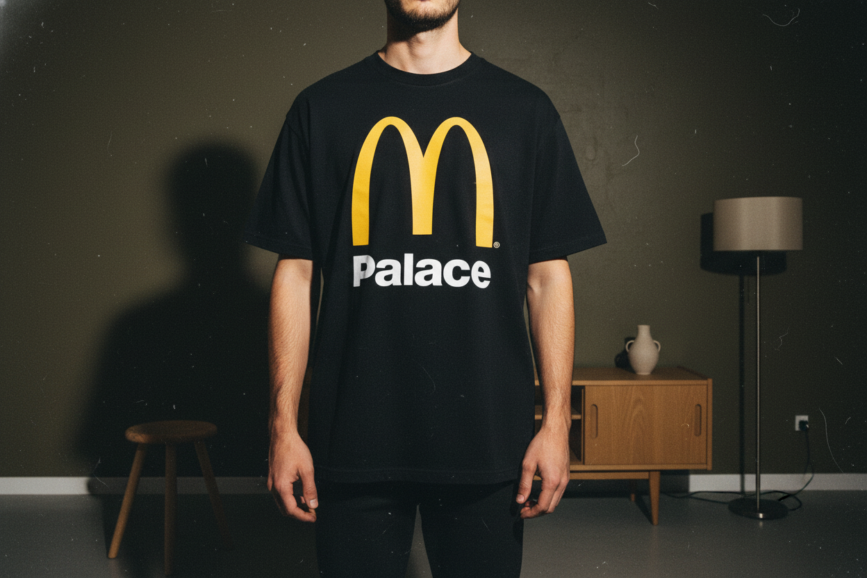 PalaceとMcDonald'sのコラボレーションTシャツ。黒地にゴールデンアーチとPalaceロゴがプリントされたストリートウェア。