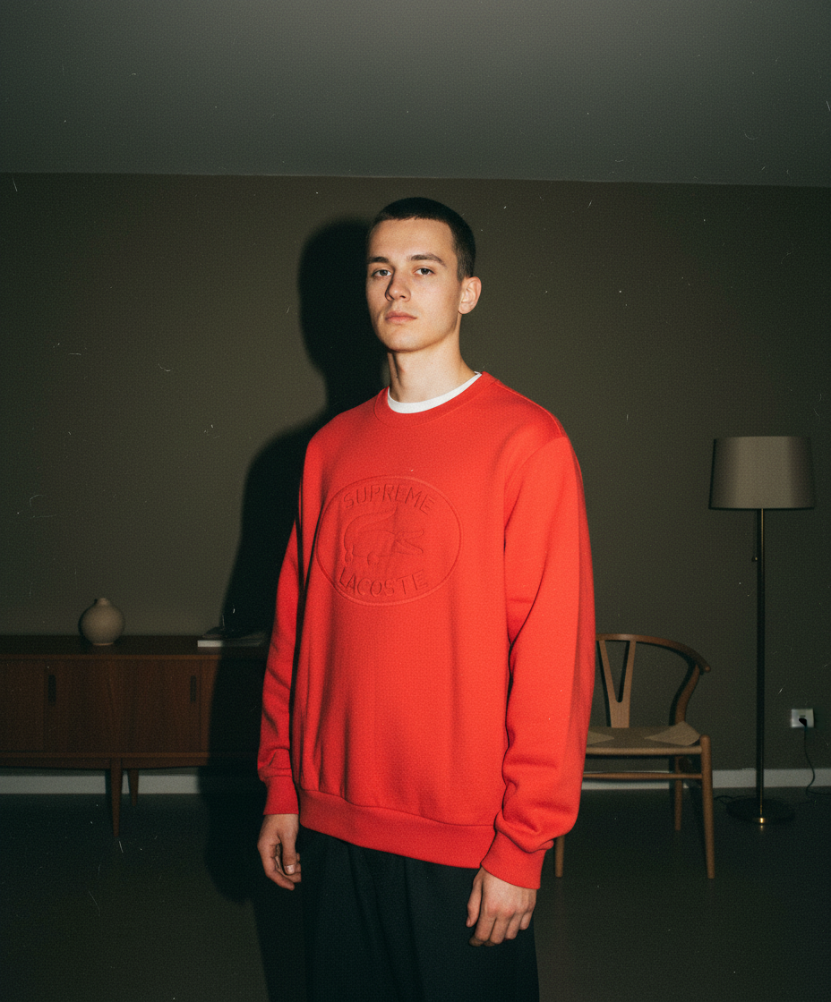 Supreme x Lacoste コラボ レッド クルーネック スウェットシャツ XL 胸に同色エンボスロゴ